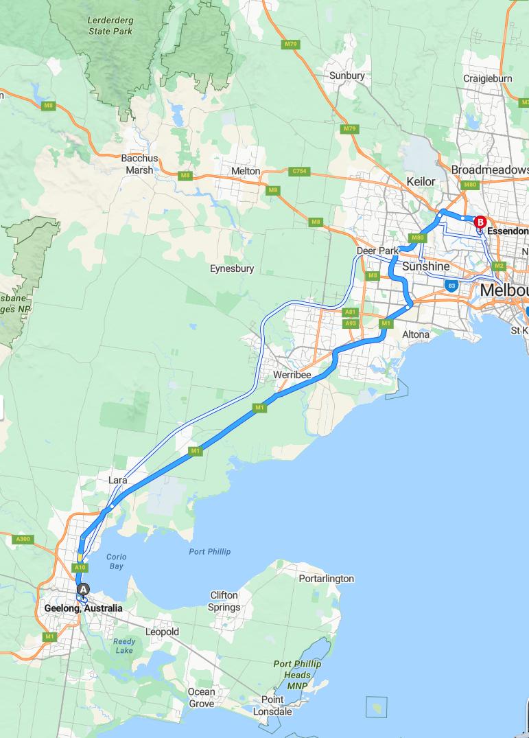 driving from Geelong, Victoria to EssendonVictoria - map and route