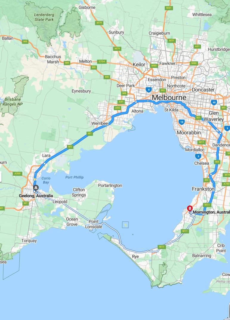 driving from Geelong, Victoria to MorningtonVictoria - map and route