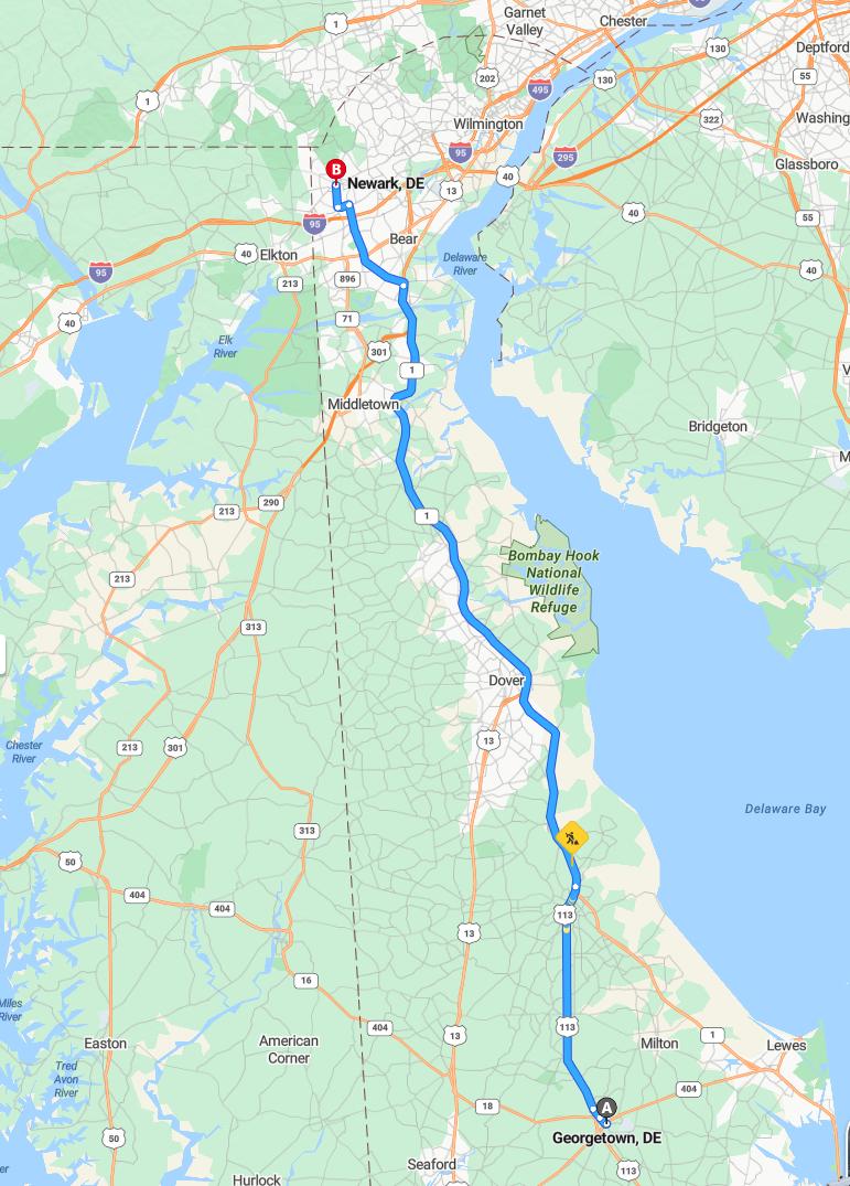 driving from Georgetown, Delaware to NewarkDelaware - map and route