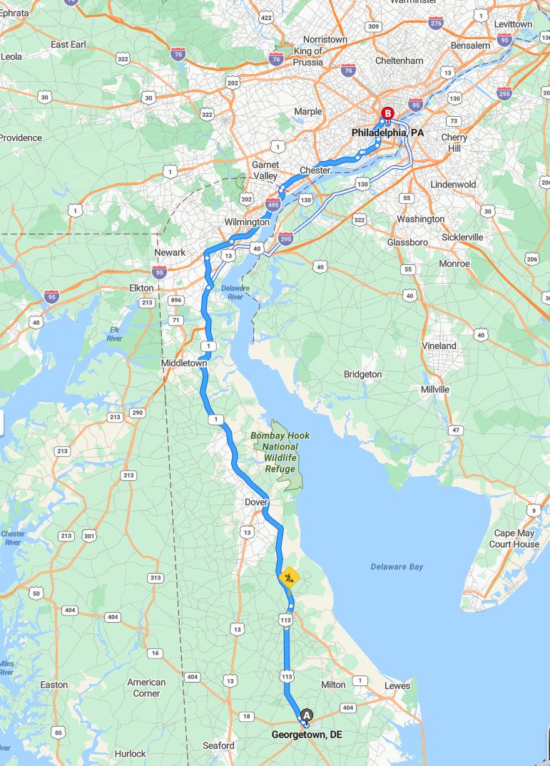 driving from Georgetown, Delaware to PhiladelphiaPennsylvania - map and route