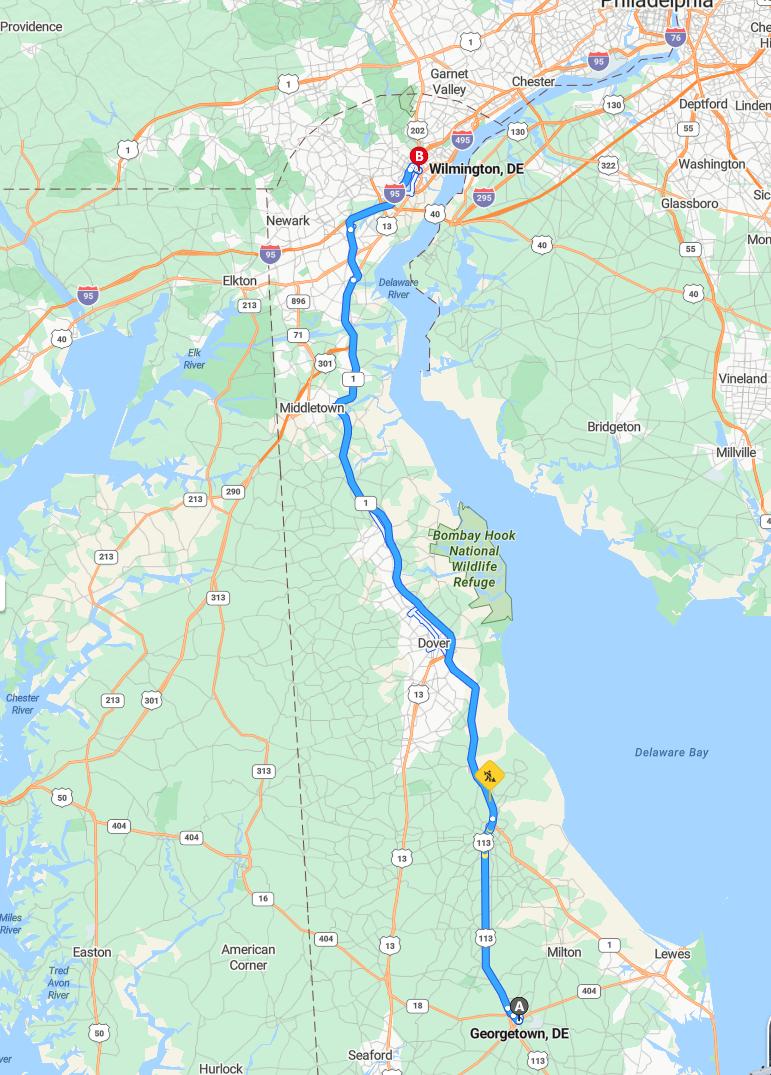 driving from Georgetown, Delaware to WilmingtonDelaware - map and route