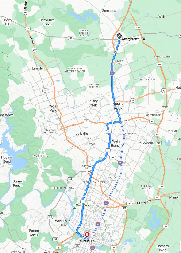 driving from Georgetown, Texas to AustinTexas - map and route