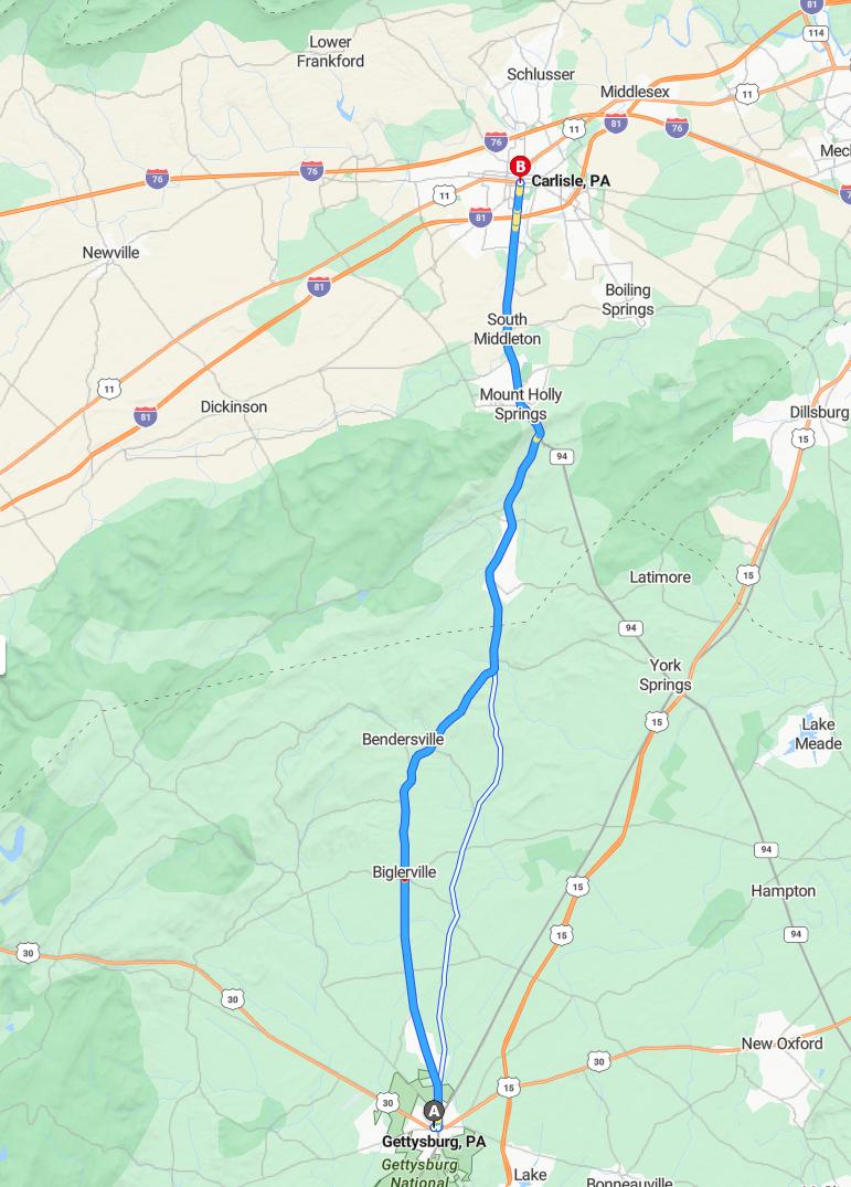 driving from Gettysburg, Pennsylvania to CarlislePennsylvania - map and route