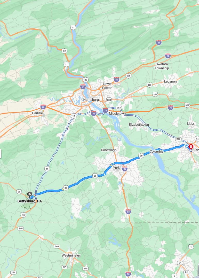 driving from Gettysburg, Pennsylvania to LancasterPennsylvania - map and route
