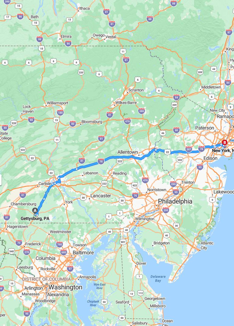 driving from Gettysburg, Pennsylvania to New York CityNew York - map and route