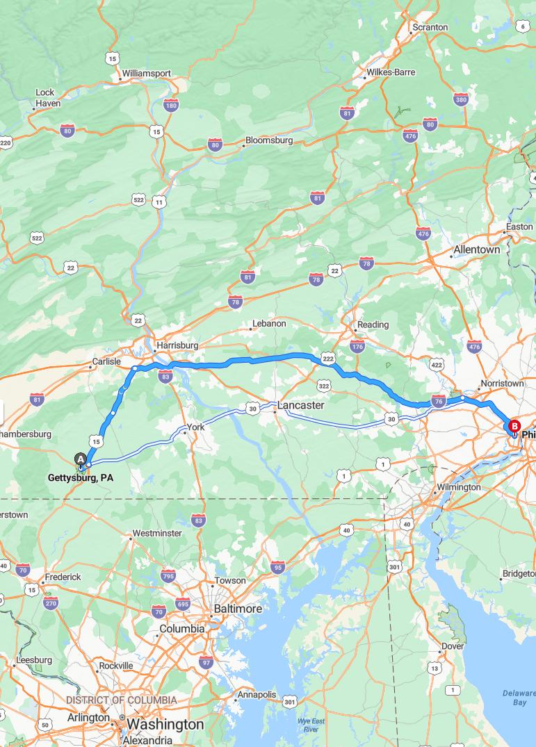 driving from Gettysburg, Pennsylvania to PhiladelphiaPennsylvania - map and route