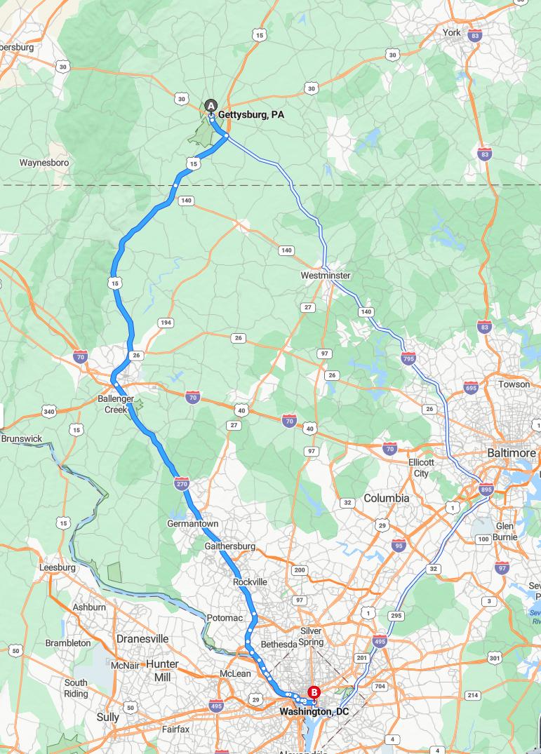 driving from Gettysburg, Pennsylvania to WashingtonDistrict of Columbia - map and route