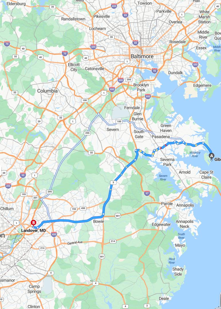 driving from Gibson Island, Maryland to LandoverMaryland - map and route