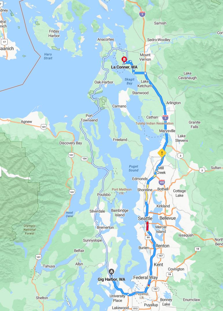 driving from Gig Harbor, Washington to La ConnerWashington - map and route