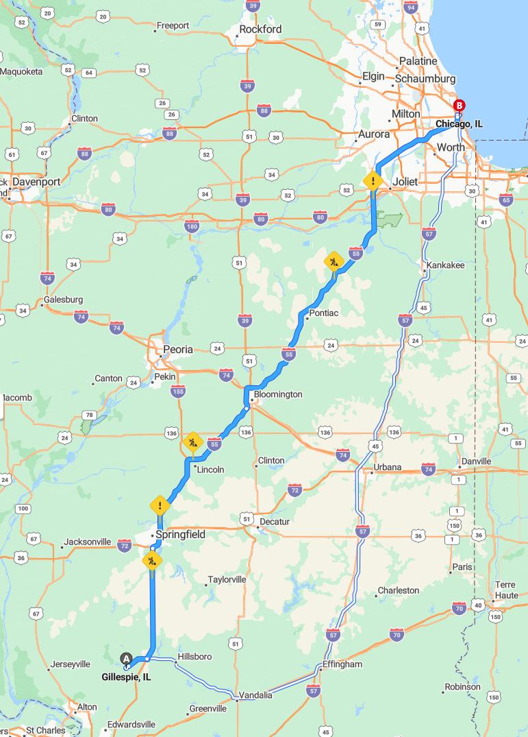 driving from Gillespie, Illinois to ChicagoIllinois - map and route