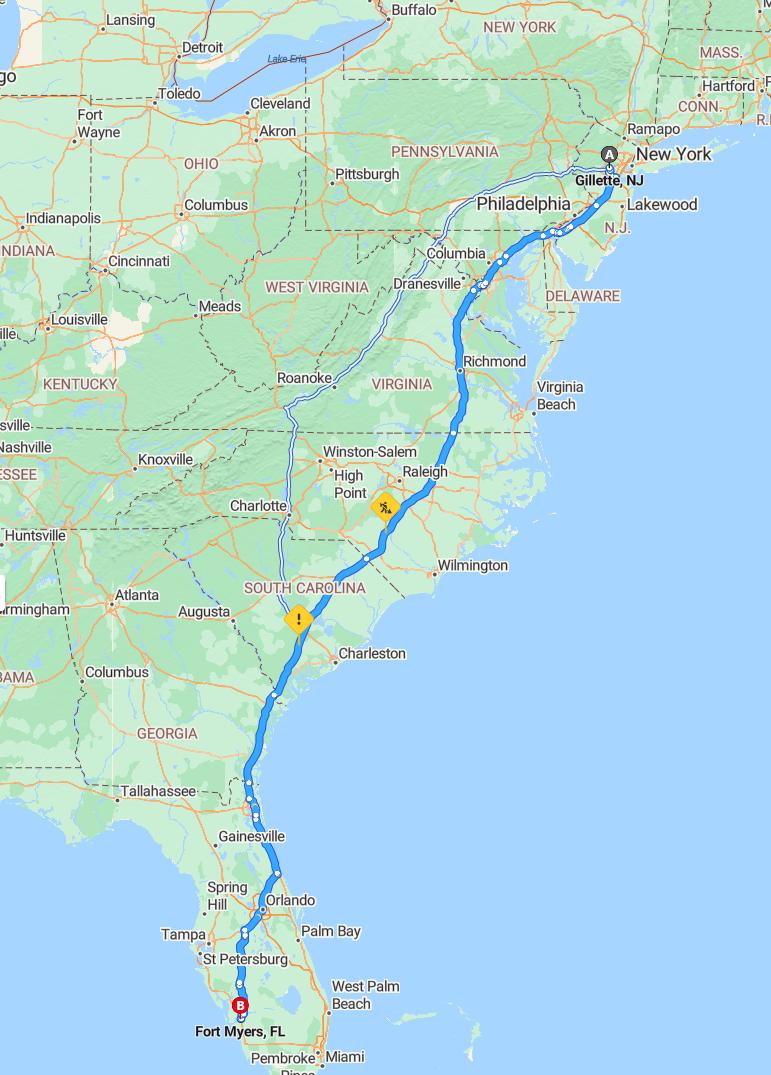 driving from Gillette, New Jersey to Fort MeyersFlorida - map and route
