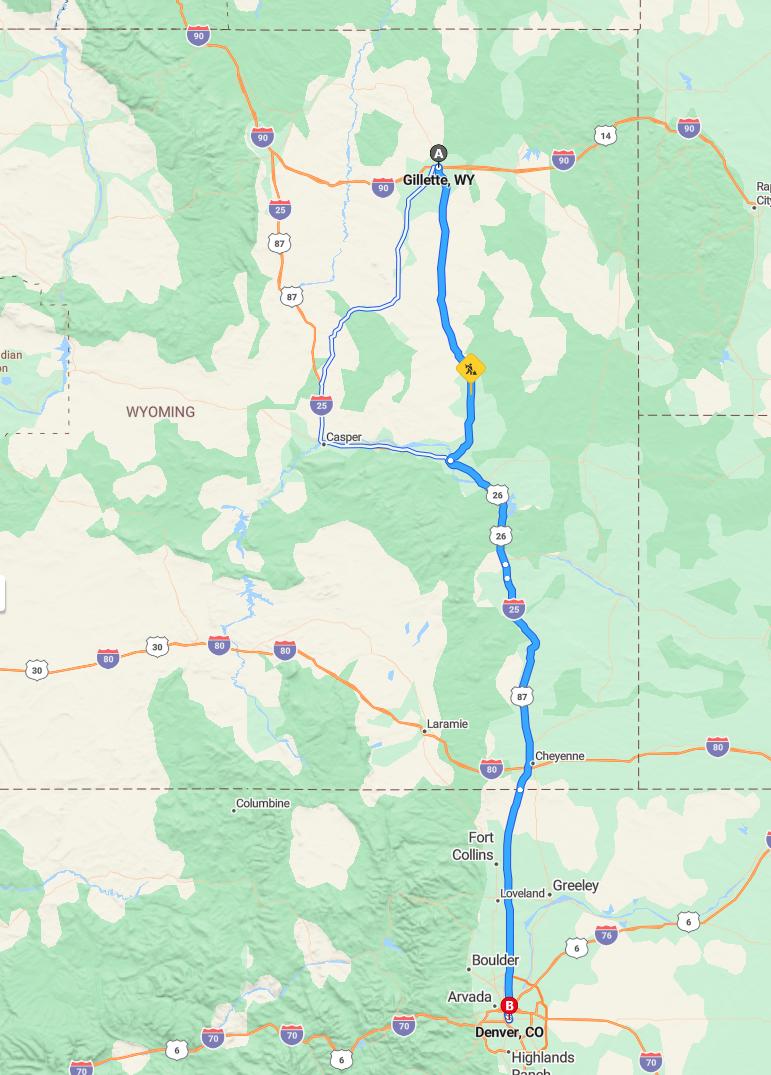 driving from Gillette, Wyoming to DenverColorado - map and route