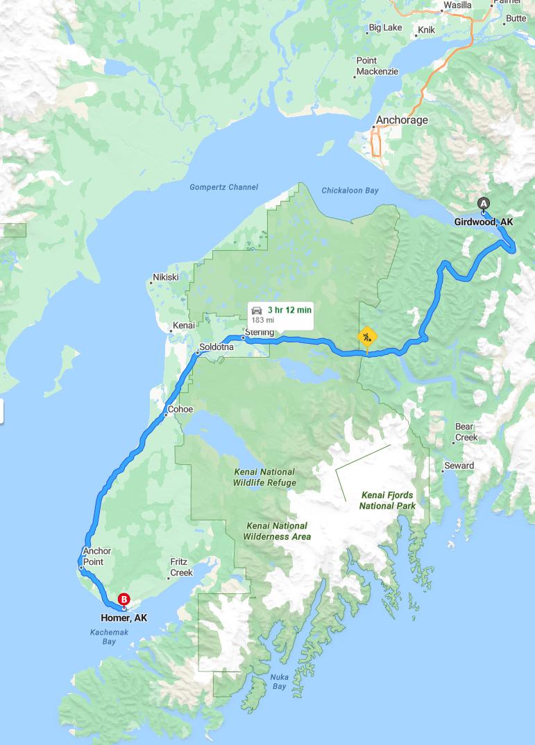 driving from Girdwood, Alaska to HomerAlaska - map and route