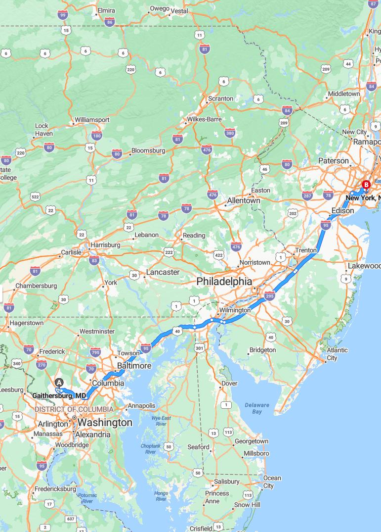 driving from Githersburg, Maryland to New YorkNew York - map and route