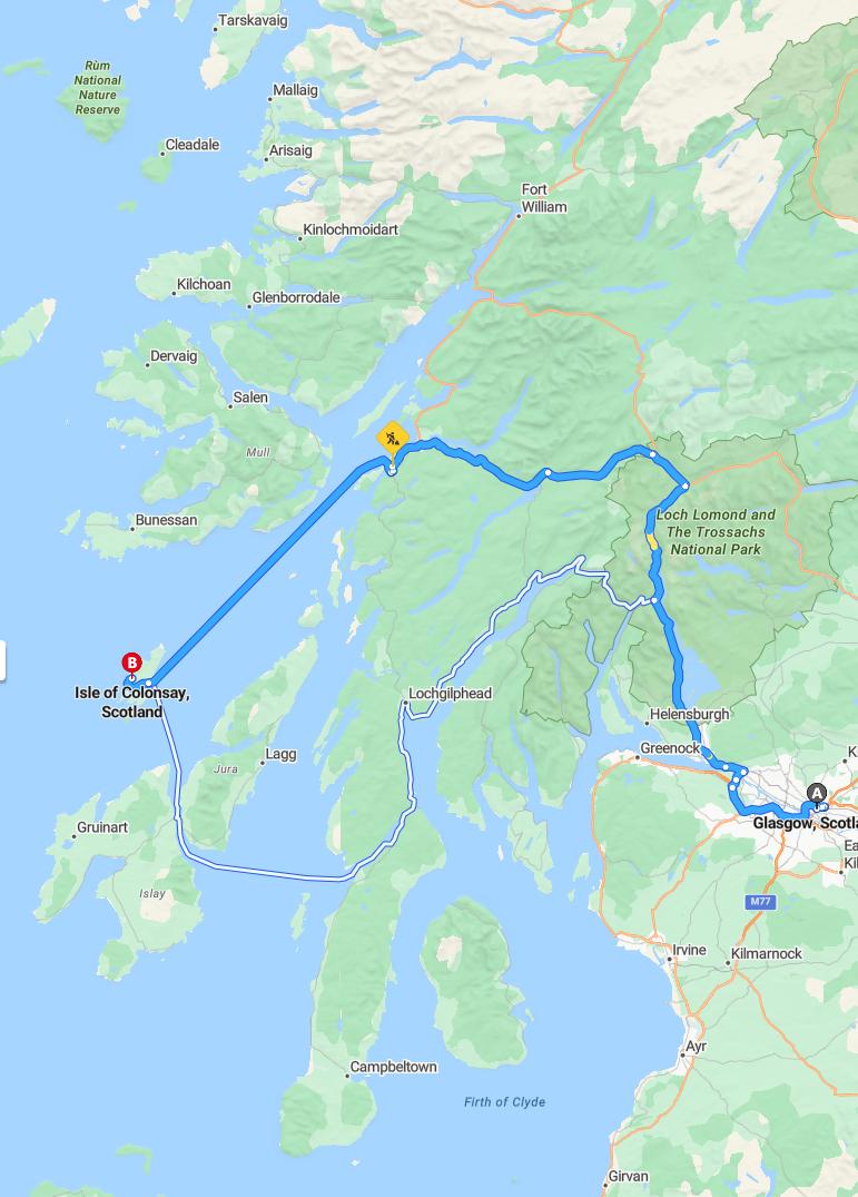 driving from Glasgow, Scotland to ColonsayScotland - map and route