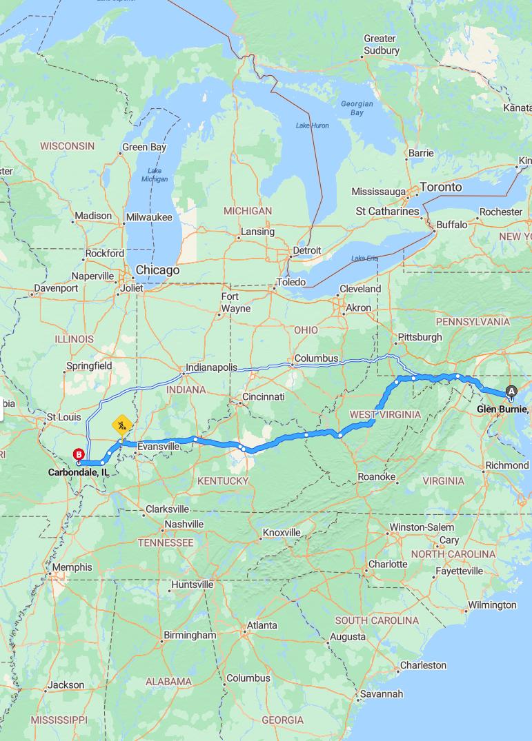 driving from Glen Burnie, Maryland to CarbondaleIllinois - map and route