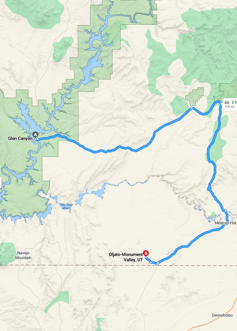 driving from Glen Canyon, Utah to Monument ValleyUtah - map and route
