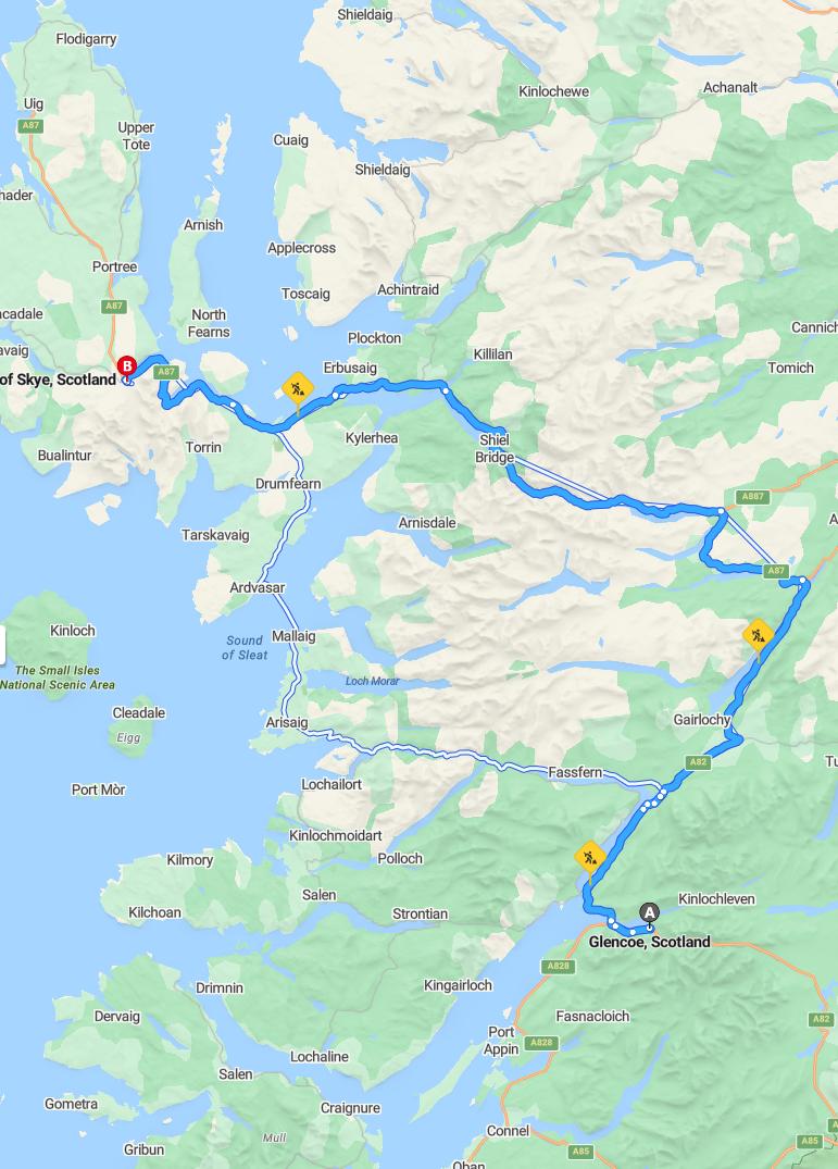 driving from Glencoe, Scotland to Isle of SkyeScotland - map and route