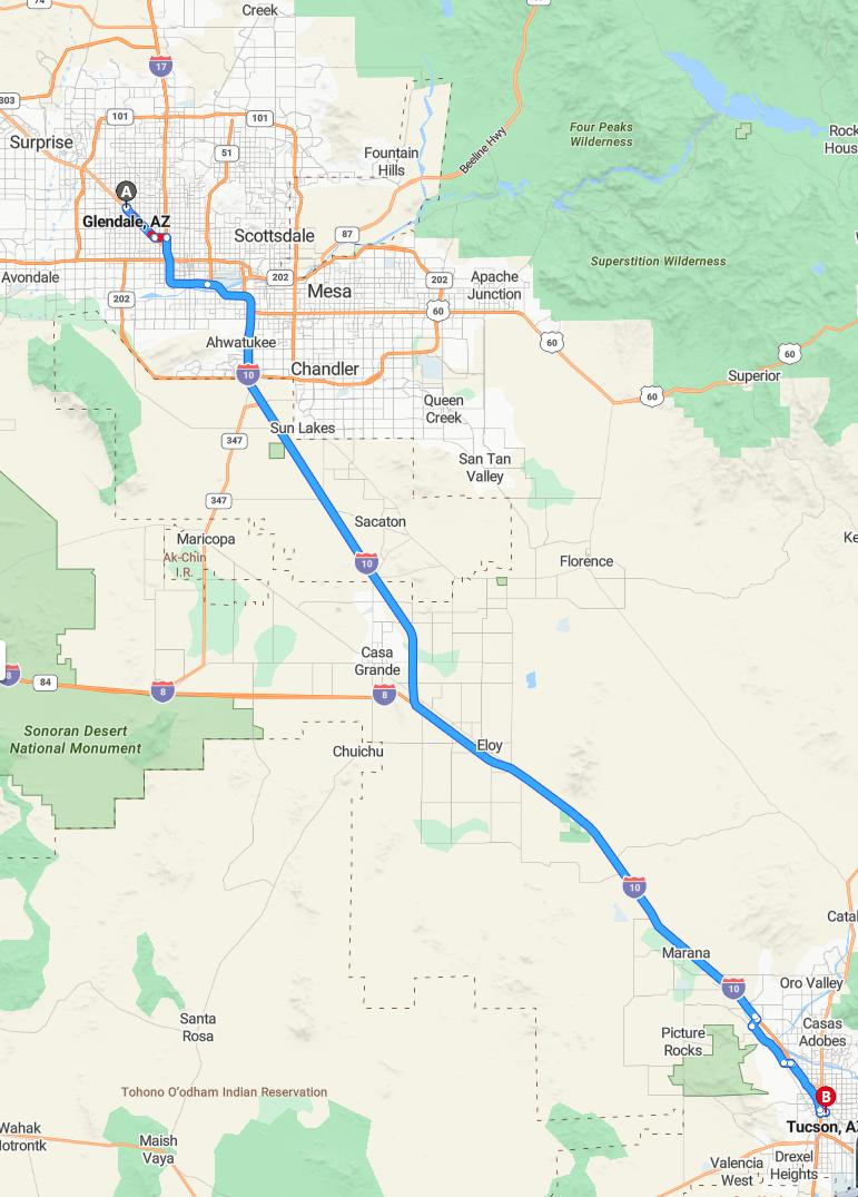driving from Glendale, Arizona to TucsonArizona - map and route