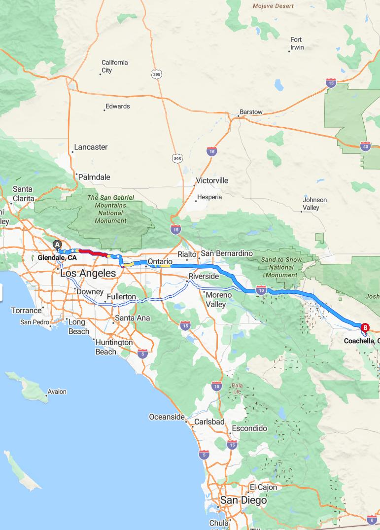 driving from Glendale, California to CoachellaCalifornia - map and route