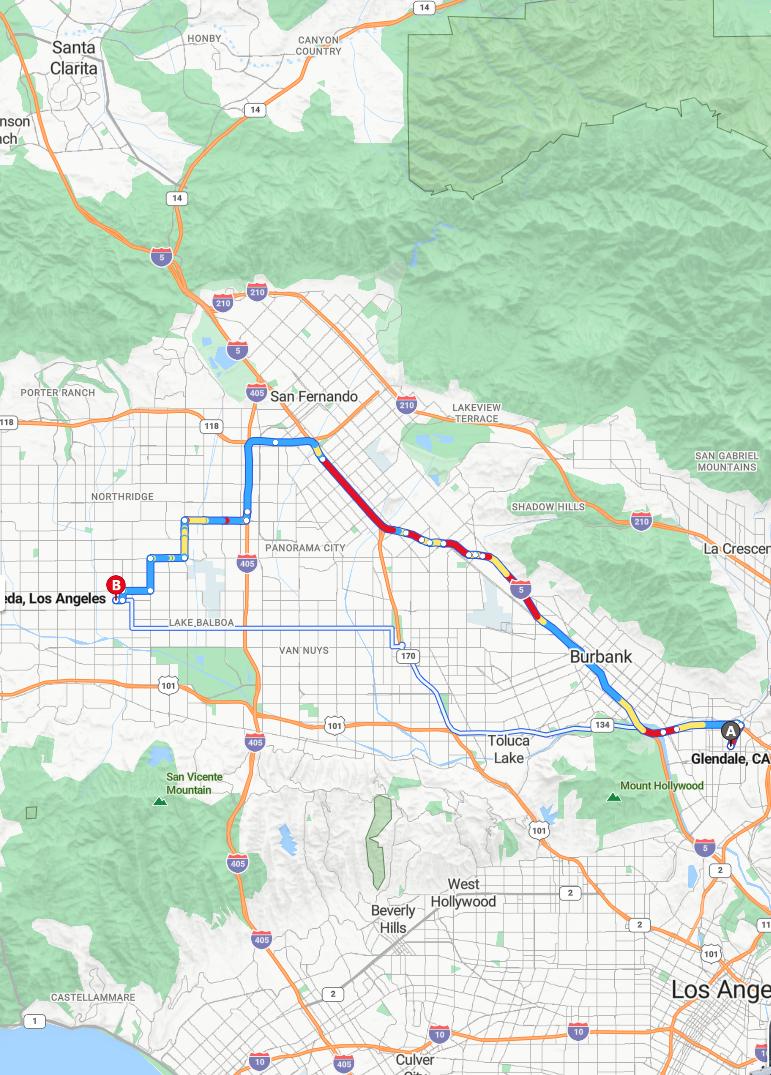 driving from Glendale, California to ResedaCalifornia - map and route