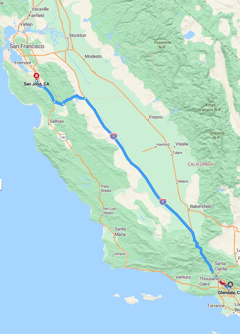 driving from Glendale, California to San JoseCalifornia - map and route