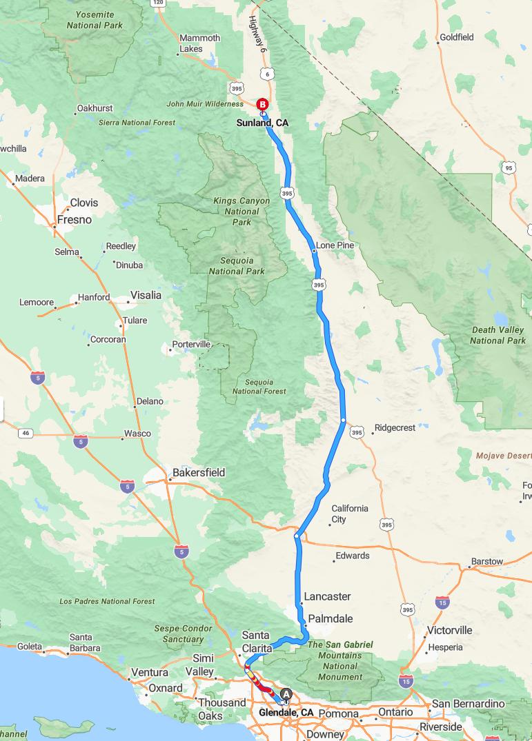 driving from Glendale, California to SunlandCalifornia - map and route