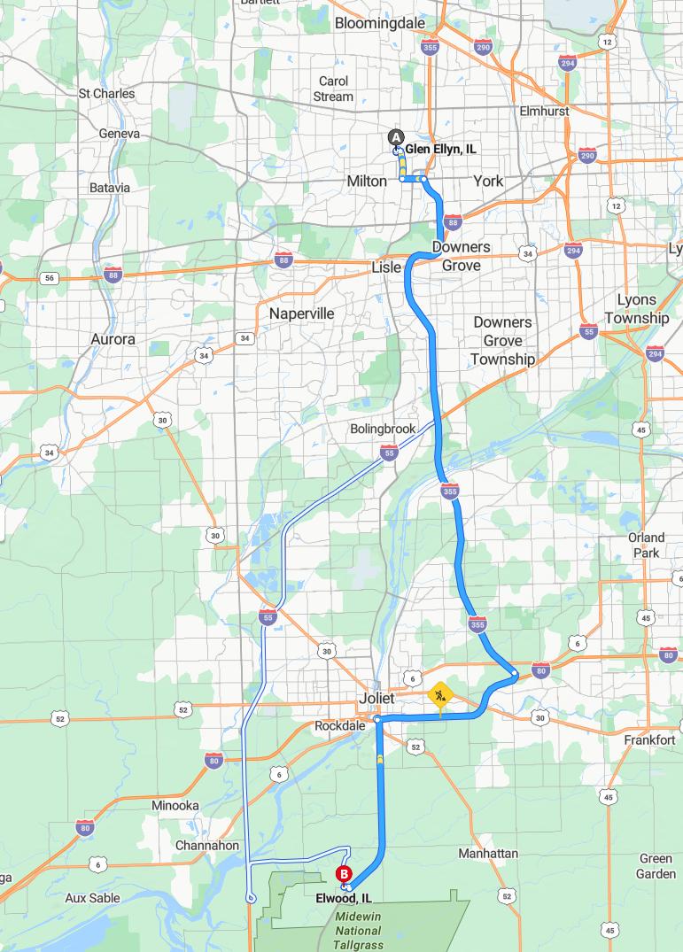 driving from Glenn Ellyn, Illinois to ElwoodIllinois - map and route