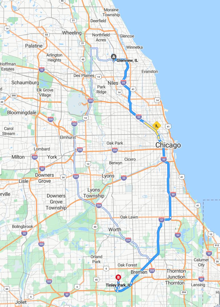 driving from Glenview, Illinois to Tinley ParkIllinois - map and route