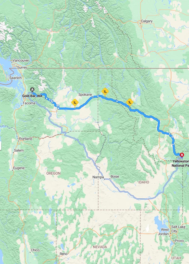 driving from Gold Bar, Washington to YellowstoneWyoming - map and route