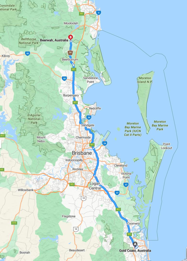 driving from Gold Coast, Queensland to BeerwahQueensland - map and route