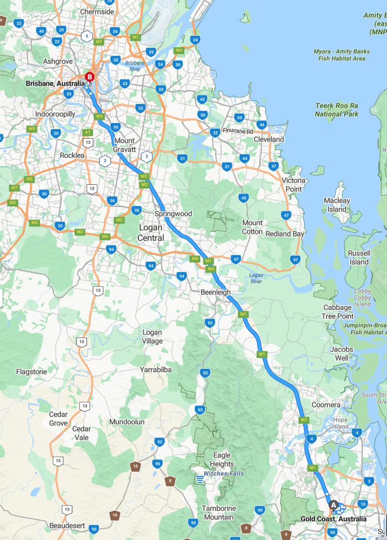 driving from Gold Coast, Queensland to BrisbaneQueensland - map and route
