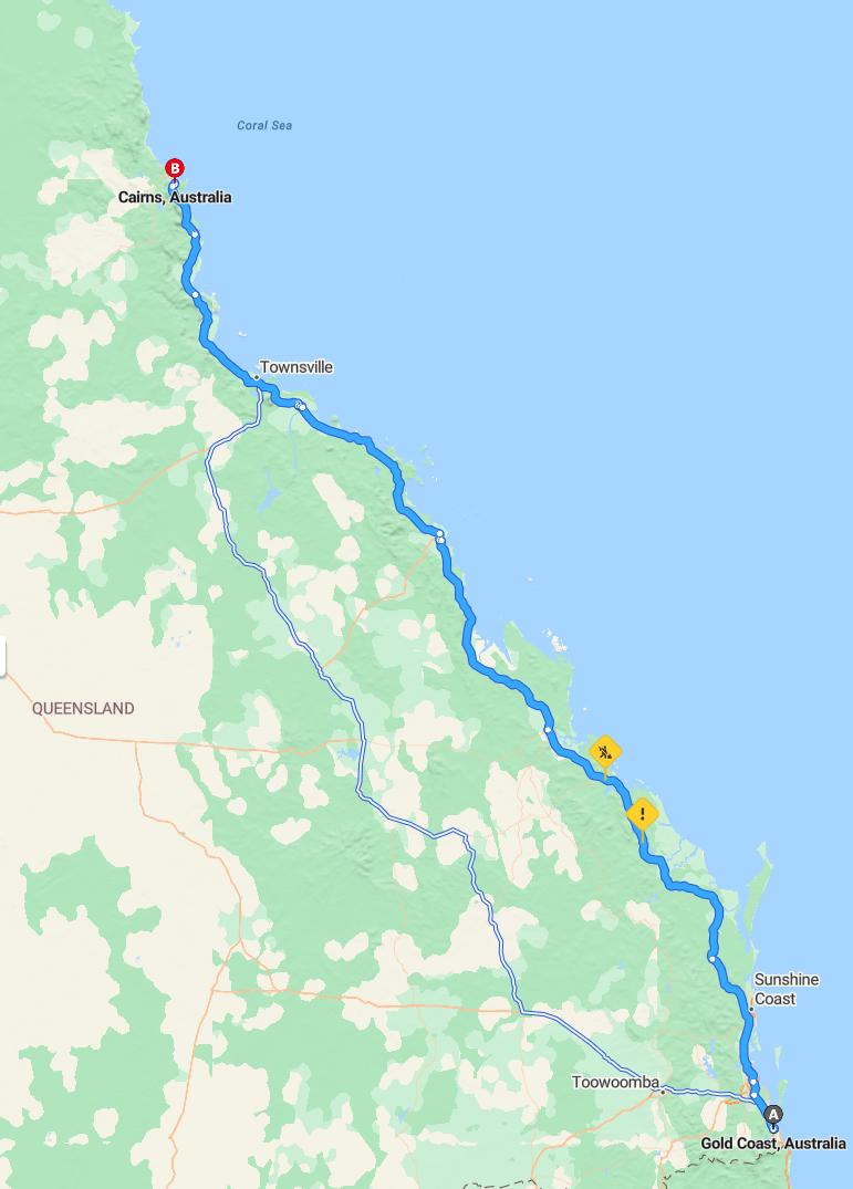 driving from Gold Coast, Queensland to CairnsQueensland - map and route