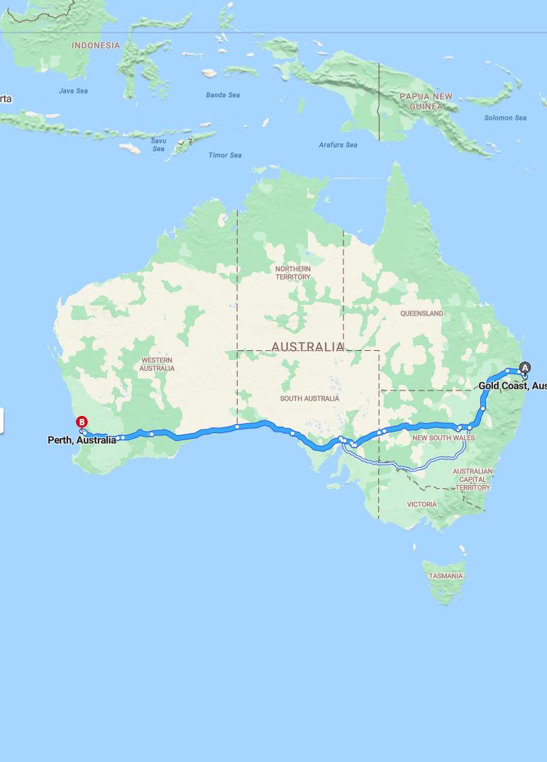 driving from Gold Coast, Queensland to PerthWestern Australia - map and route