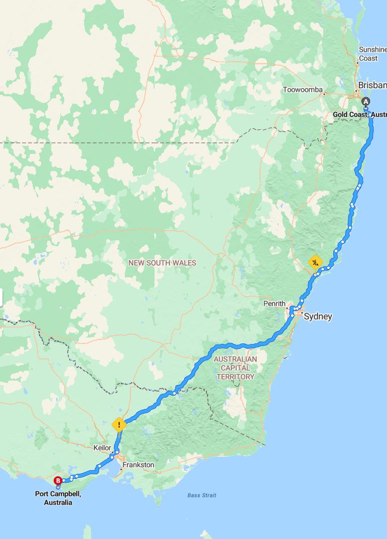 driving from Gold Coast, Queensland to Port CampbellVictoria - map and route