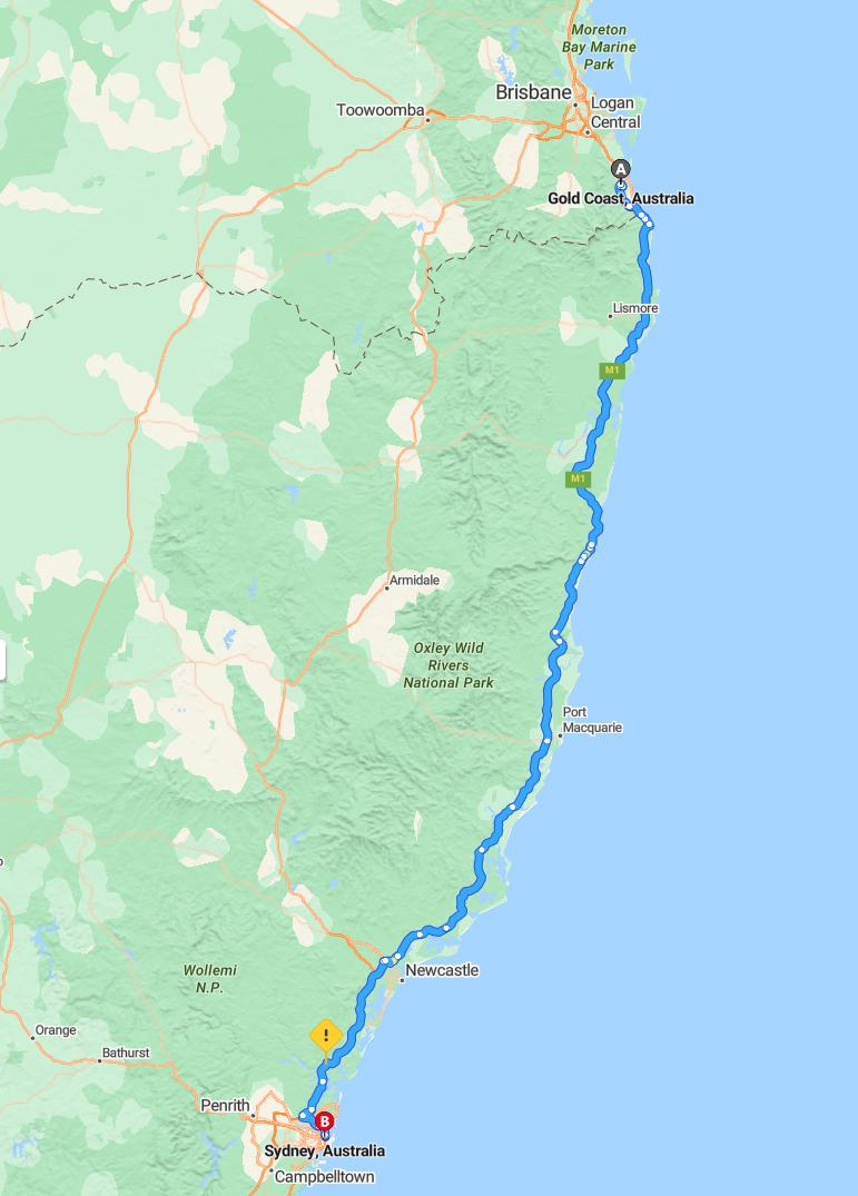 driving from Gold Coast, Queensland to SydneyNew South Wales - map and route