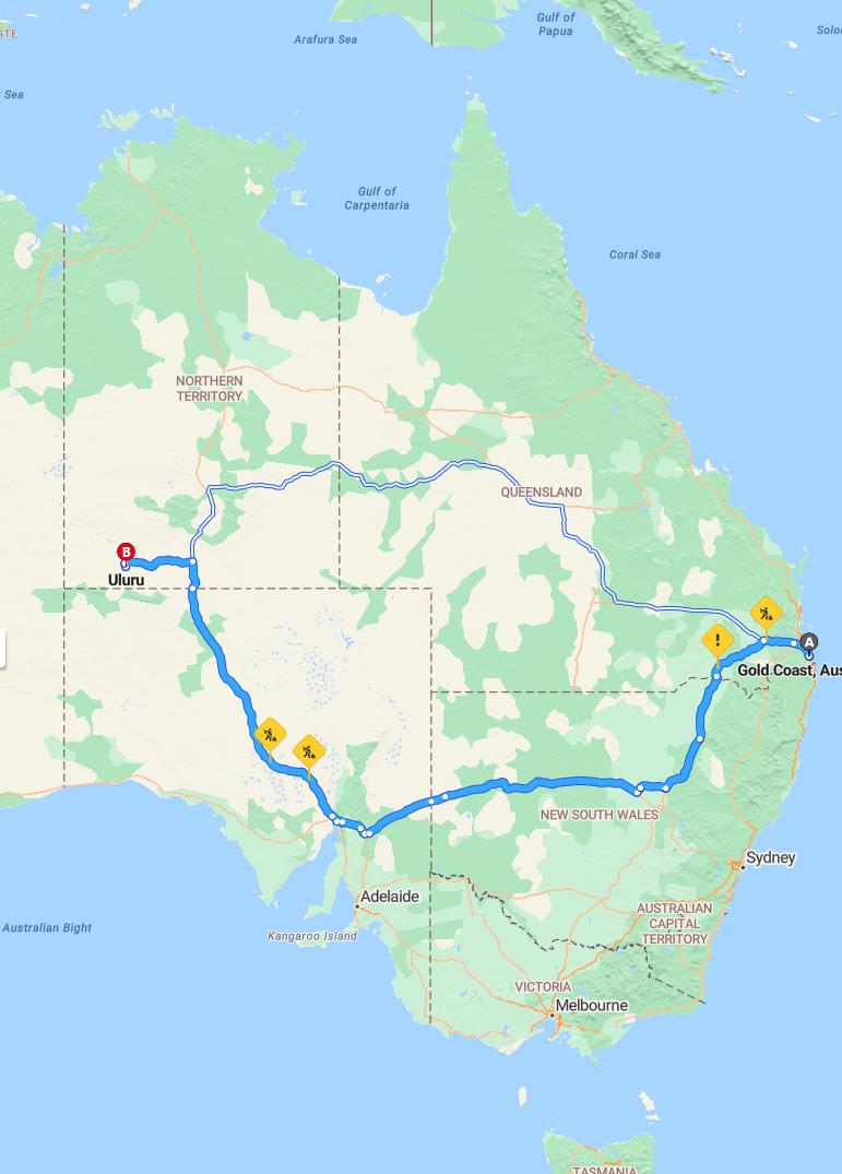 driving from Gold Coast, Queensland to UluruNorthern Territory - map and route
