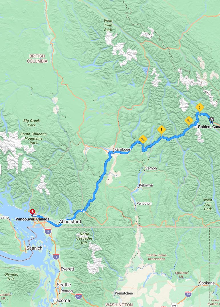 driving from Golden, British Columbia to VancouverBritish Columbia - map and route