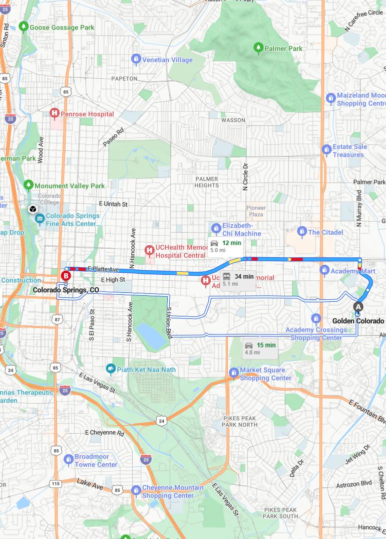 driving from Golden, Colorado to Colorado SpringsColorado - map and route