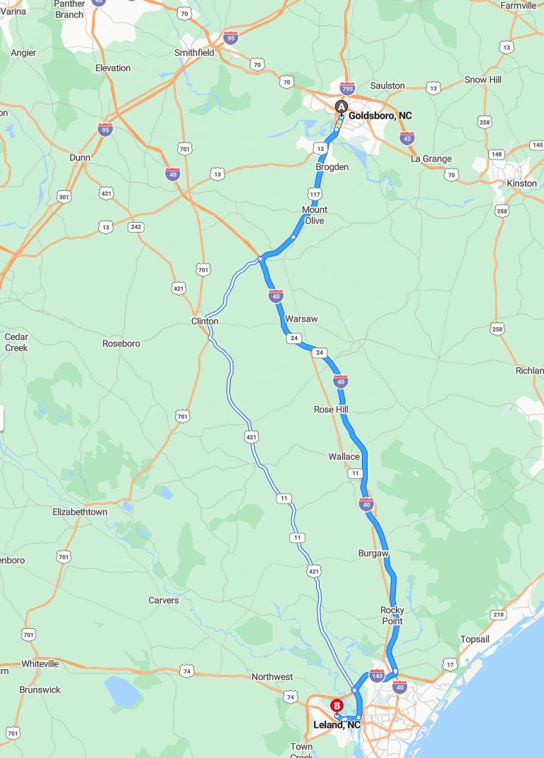 driving from Goldsboro, North Carolina to LelandNorth Carolina - map and route