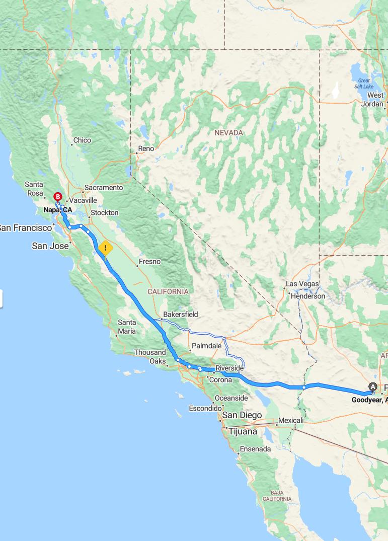 driving from Goodyear, Arizona to NapaCalifornia - map and route