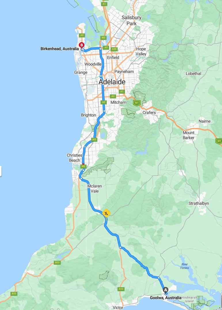 driving from Goolwa, South Australia to BirkenheadSouth Australia - map and route