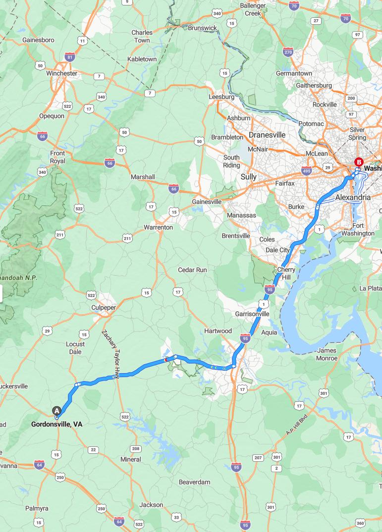 driving from Gordonsville, Virginia to WashingtonDistrict of Columbia - map and route