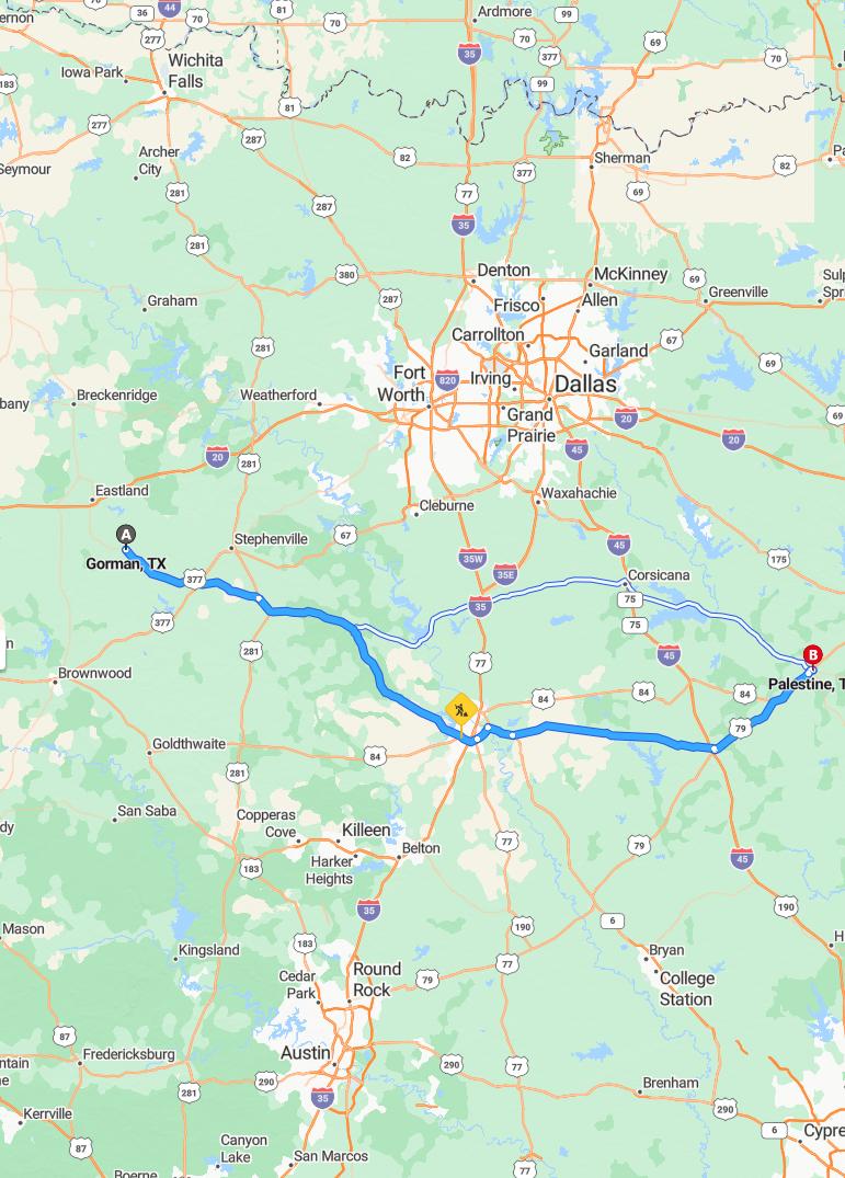 driving from Gorman, Texas to PalestineTexas - map and route