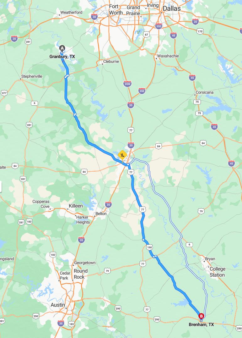 driving from Granbury, Texas to BrenhamTexas - map and route