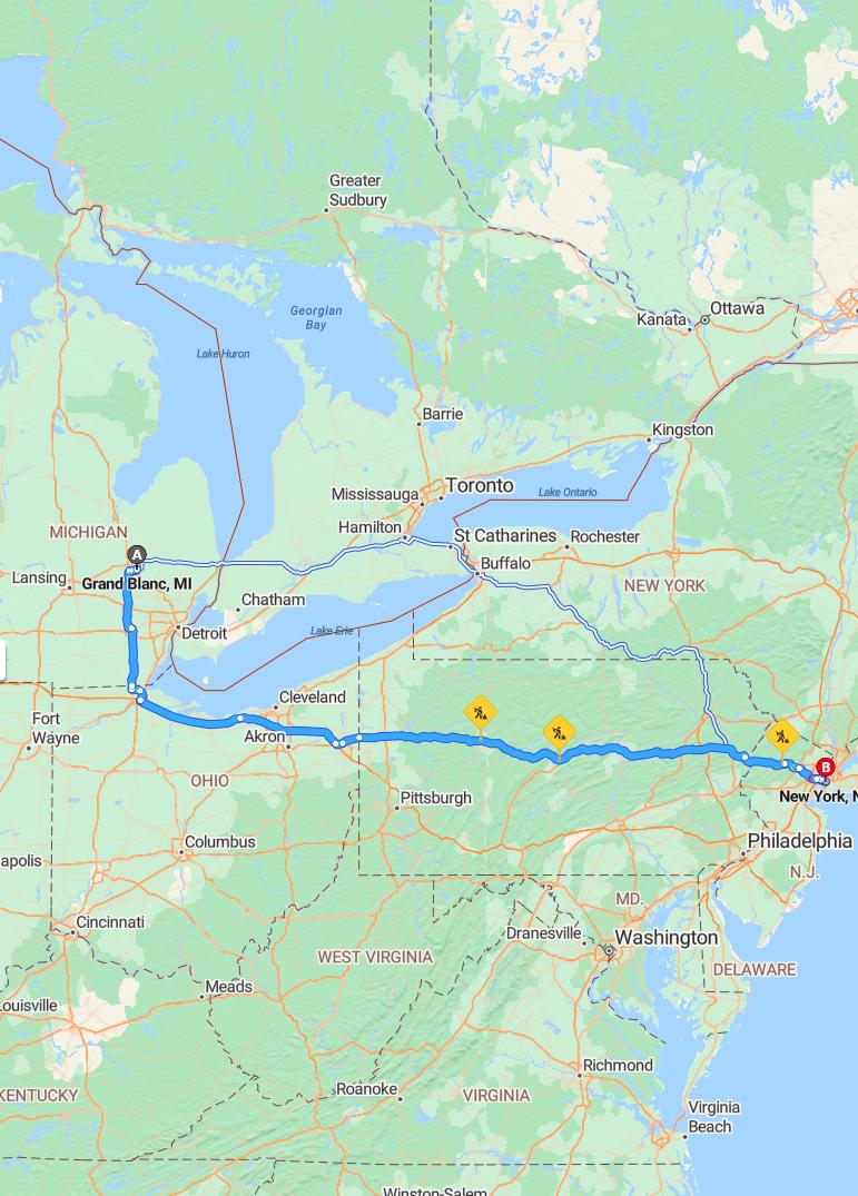 driving from Grand Blanc, Michigan to New YorkNew York - map and route