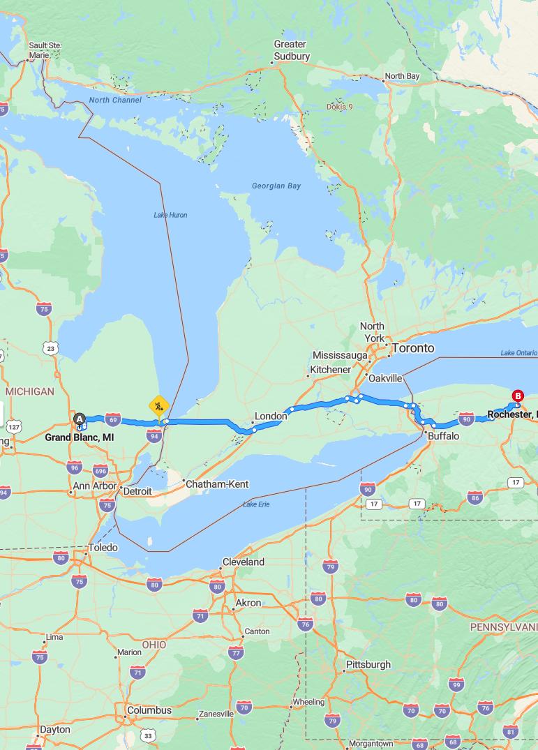 driving from Grand Blanc, Michigan to RochesterNew York - map and route