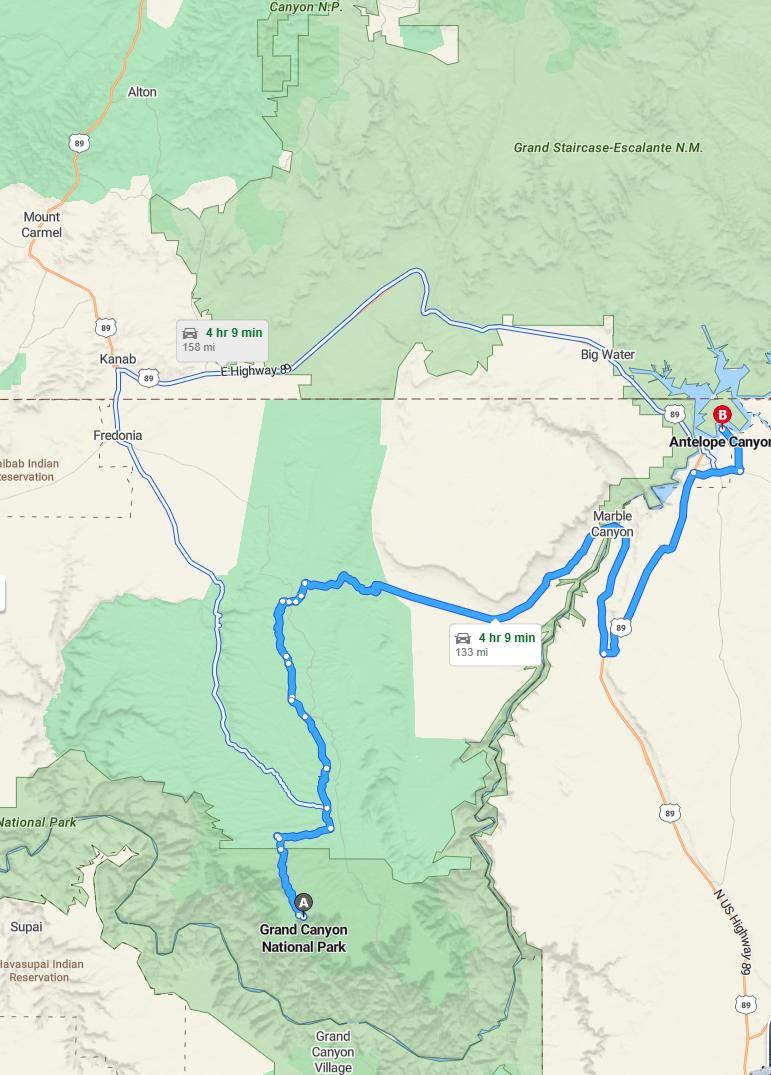 driving from Grand Canyon, Arizona to Antelope CanyonArizona - map and route