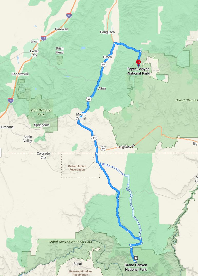 driving from Grand Canyon, Arizona to BryceUtah - map and route
