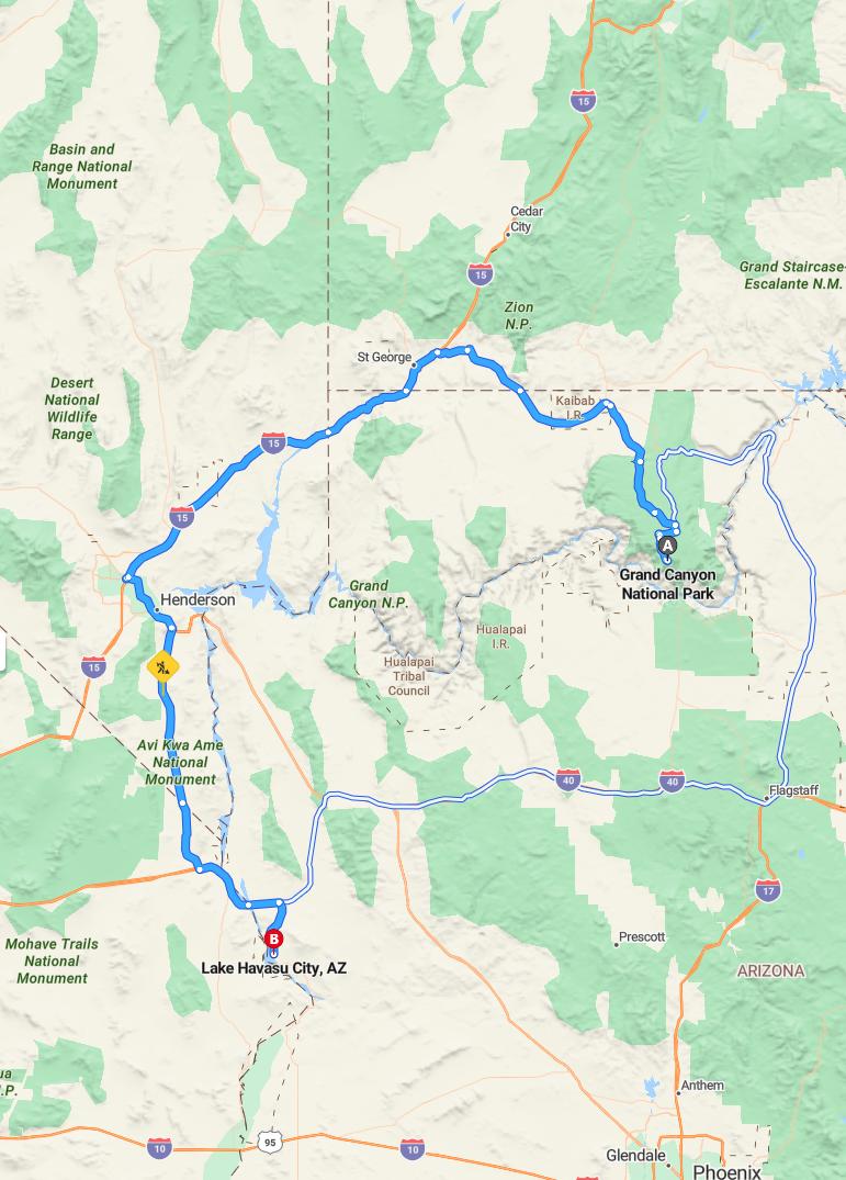 driving from Grand Canyon, Arizona to Lake Havasu CityArizona - map and route